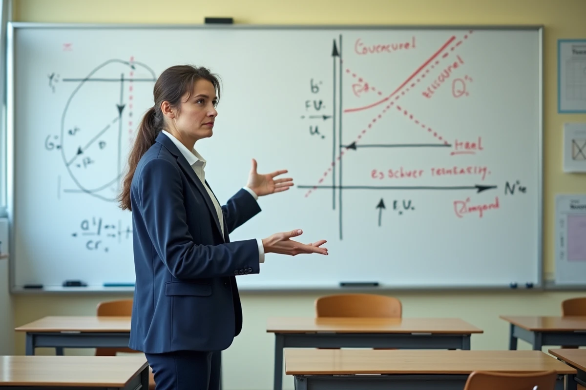 Professeure de mathématiques expliquant les vecteurs et la colinéarité au tableau blanc en classe