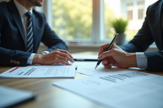 Deux professionnels d'affaires discutent de documents juridiques