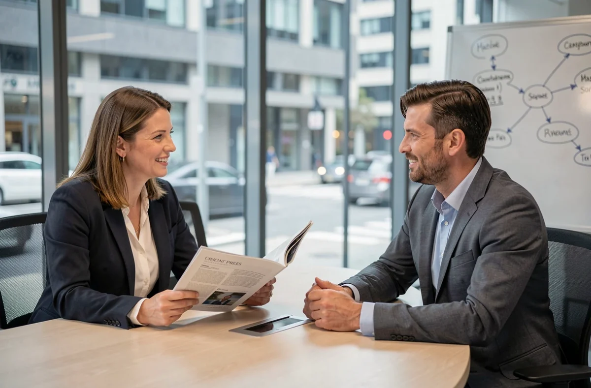Deux professionnels discutant d'un magazine de formation entrepreneuriale lors d'une réunion en salle de conférence