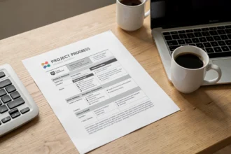Rapport d'avancement posé sur un bureau près d'un ordinateur portable