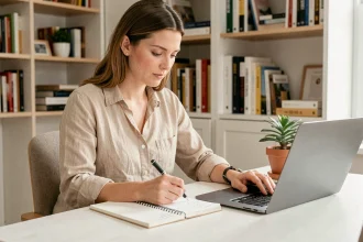 Femme en reconversion professionnelle travaillant comme assistante digitale depuis son bureau à domicile avec un ordinateur portable et des notes manuscrites