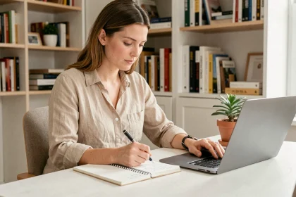 Femme en reconversion professionnelle travaillant comme assistante digitale depuis son bureau à domicile avec un ordinateur portable et des notes manuscrites