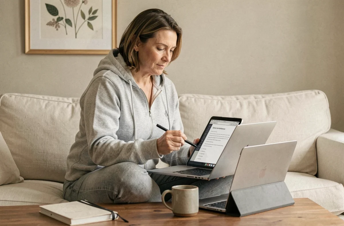 Femme de 40 ans en cours de reconversion professionnelle utilisant un ordinateur portable et une tablette depuis son salon pour devenir assistante digitale sans reprendre d'études