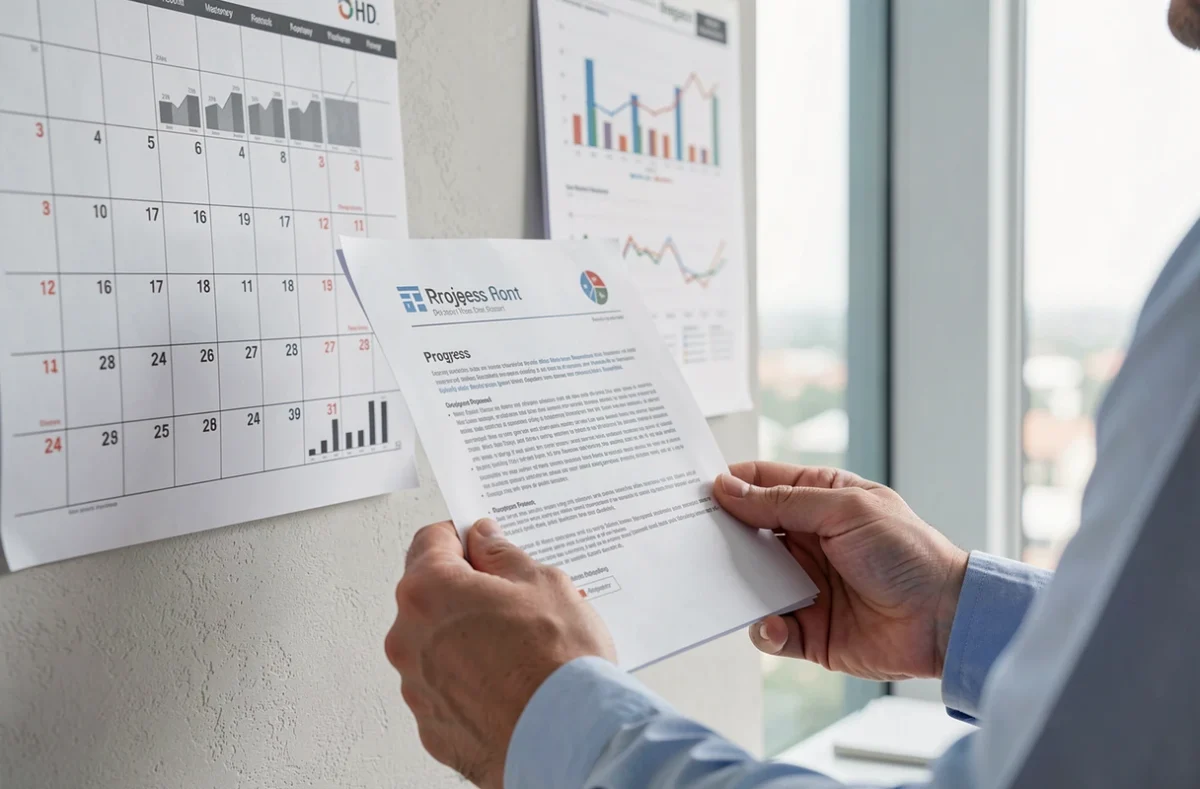 Relecture d'un rapport d'avancement devant un calendrier de projet