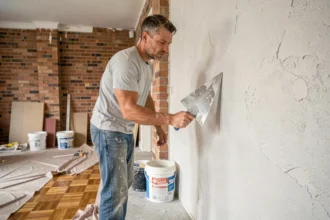 Homme appliquant de l'enduit sur un mur lors d'une rénovation d'appartement étape par étape