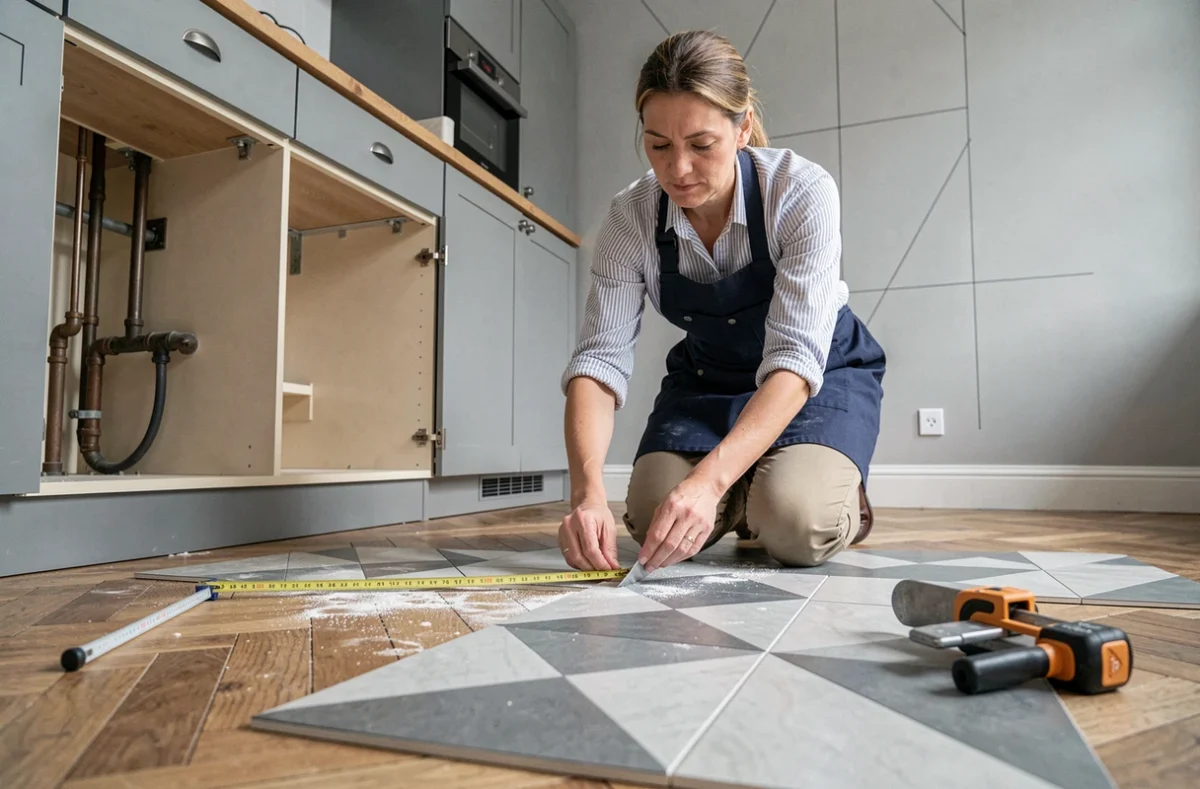 Femme posant un carrelage vinyle adhésif dans une cuisine lors d'une rénovation pas à pas