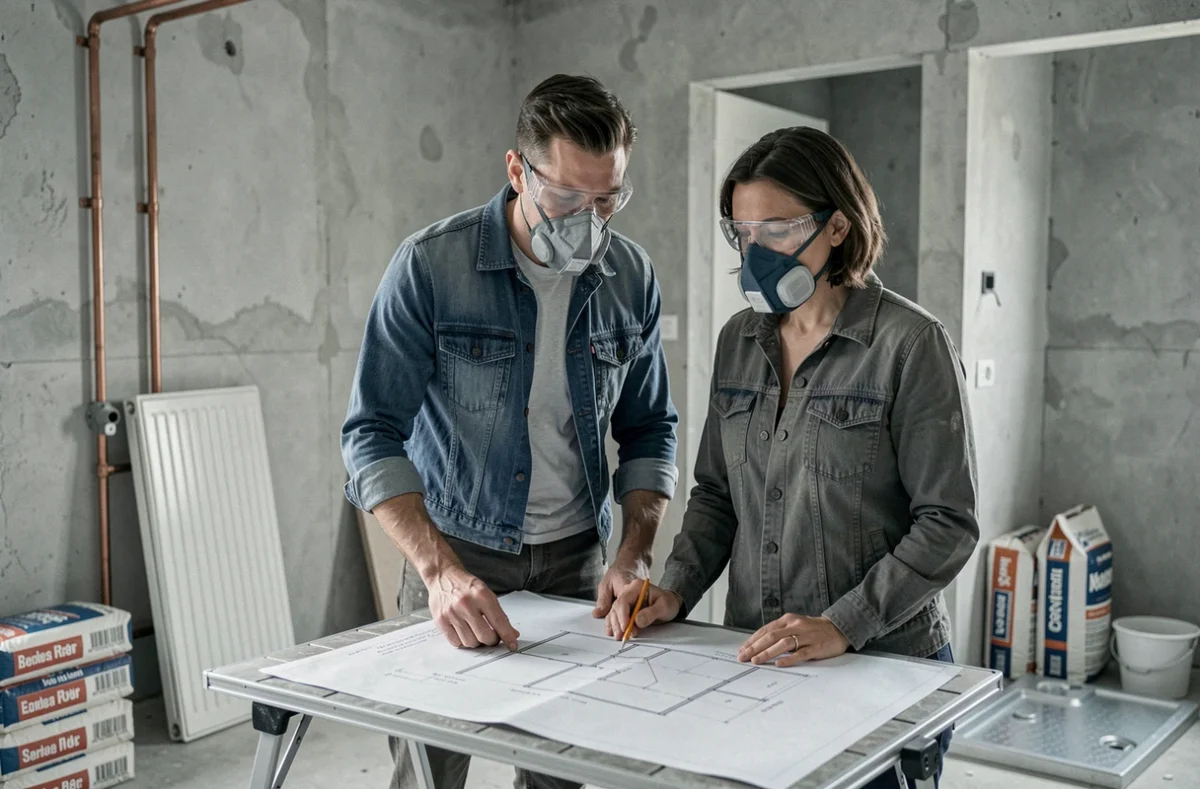 Couple consultant un plan de rénovation dans une salle de bain en travaux lors d'un projet de rénovation d'appartement