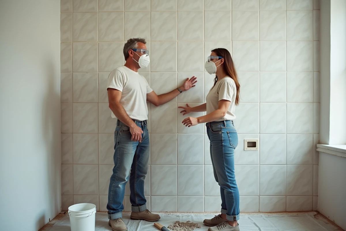 Deux participants satisfaits d'une formation bricolage CPF devant un mur carrelé réalisé lors d'un atelier pratique