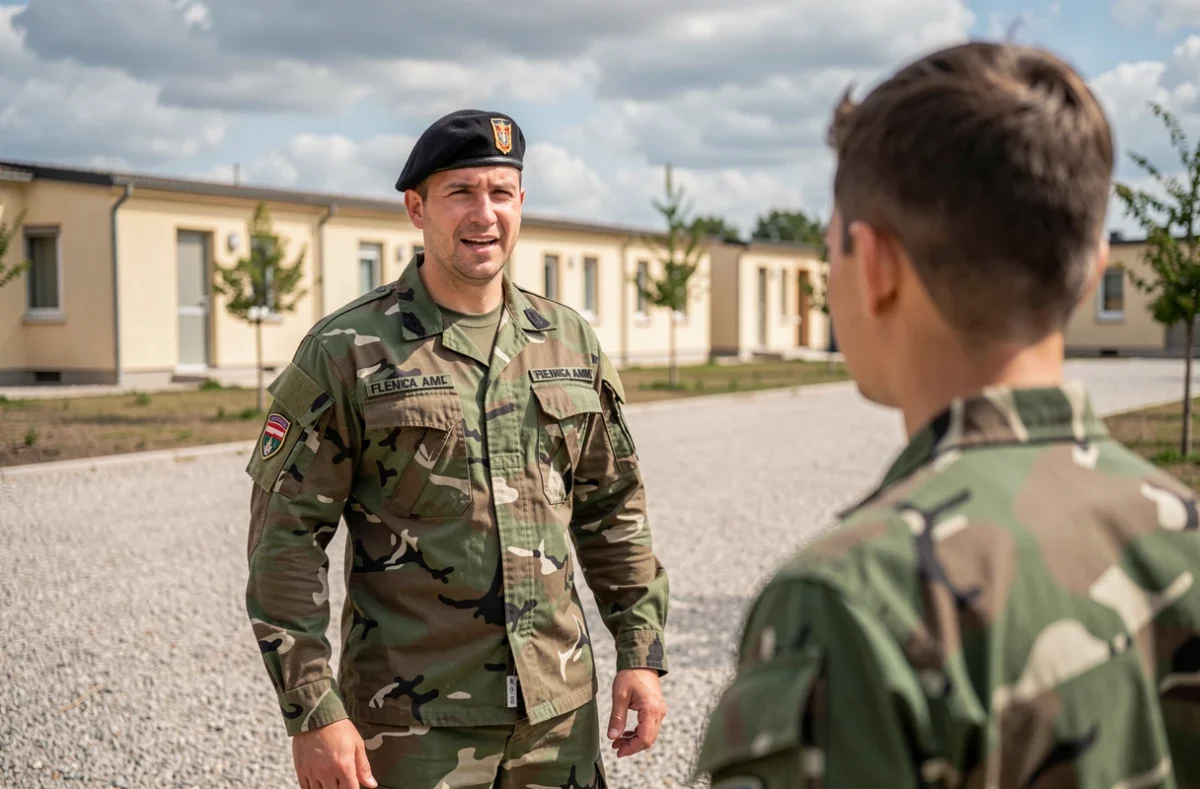 Sergent de l'armée de Terre en tenue camouflage discutant avec un jeune soldat sur une base militaire française