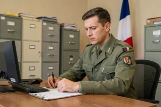 Sous-officier de l'armée de Terre en uniforme consultant des documents administratifs dans un bureau militaire