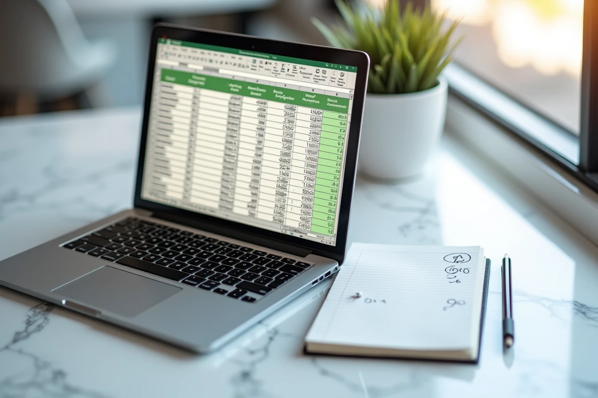 Tableau Excel de calcul de notes et coefficients affiché sur un ordinateur portable posé sur une table en marbre blanc avec un carnet de notes